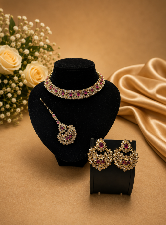 Sieradenset 1079- goud met fuchsia