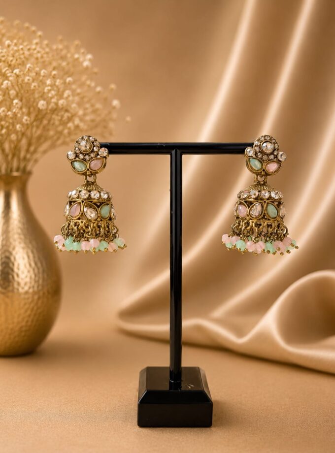 Jhumka - Mint groen en roze met goud 051