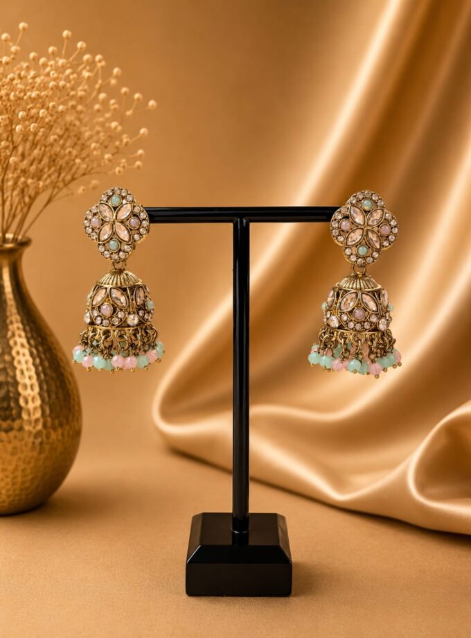 Jhumka - Mint groen en roze met goud 055