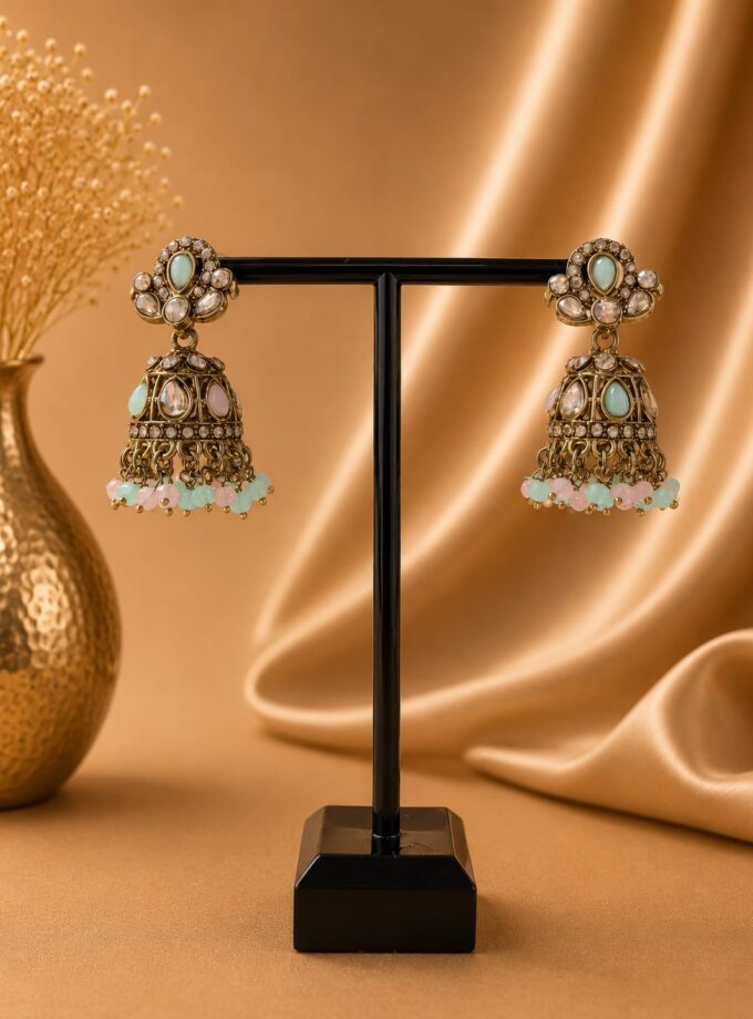 Jhumka - Mint groen en roze met goud 052