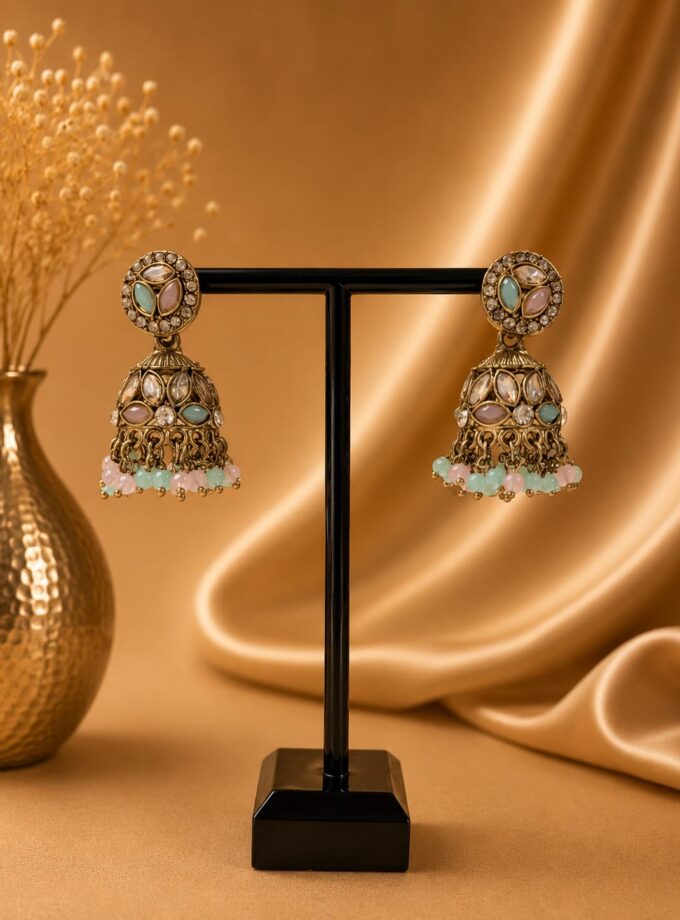 Jhumka - Mint groen en roze met goud 053