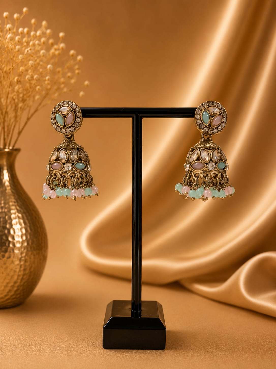 Jhumka - Mint groen en roze met goud 053