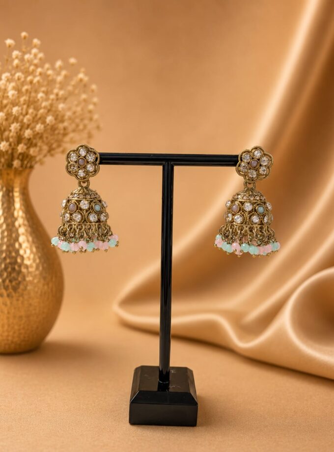 Jhumka - Mint groen en roze met goud 056