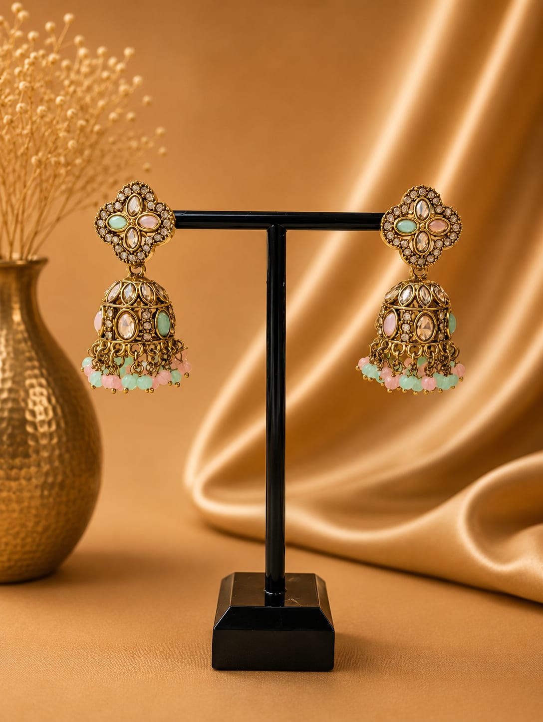 Jhumka - Mint groen en roze met goud 054