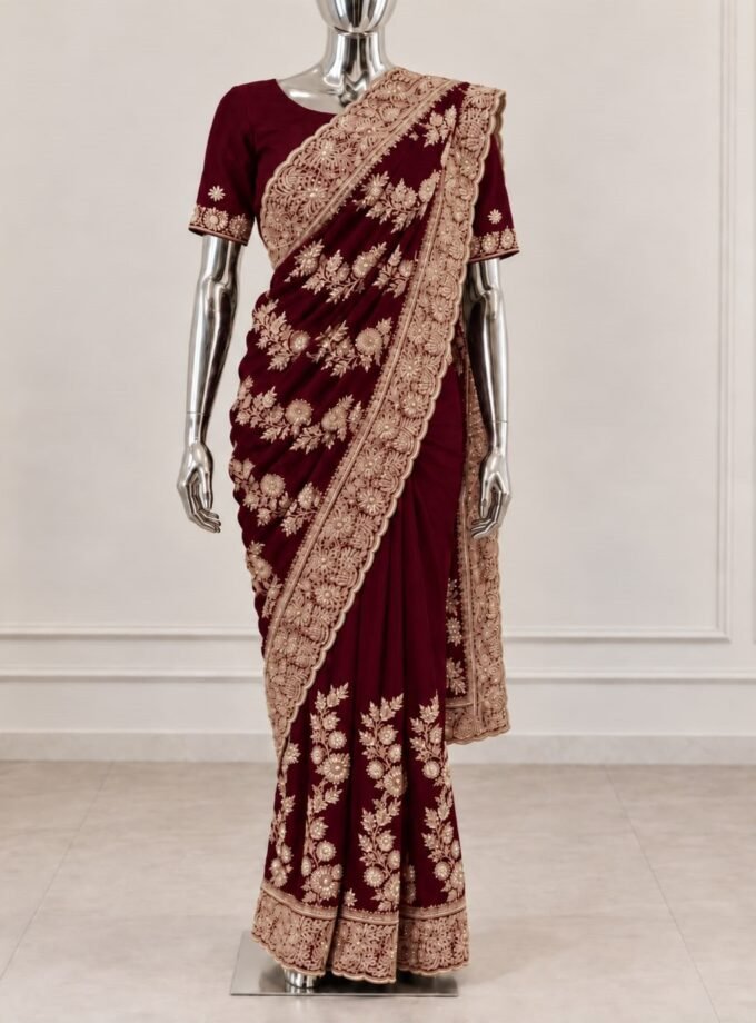 Rani collectie - Luxe geborduurde saree- bordeaux met goud
