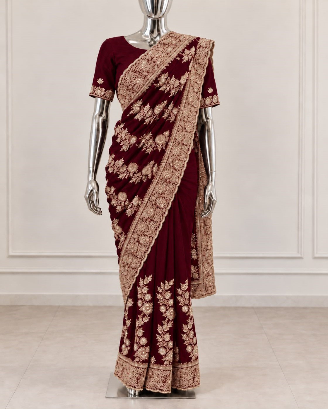 Luxe geborduurde saree- bordeaux met goud