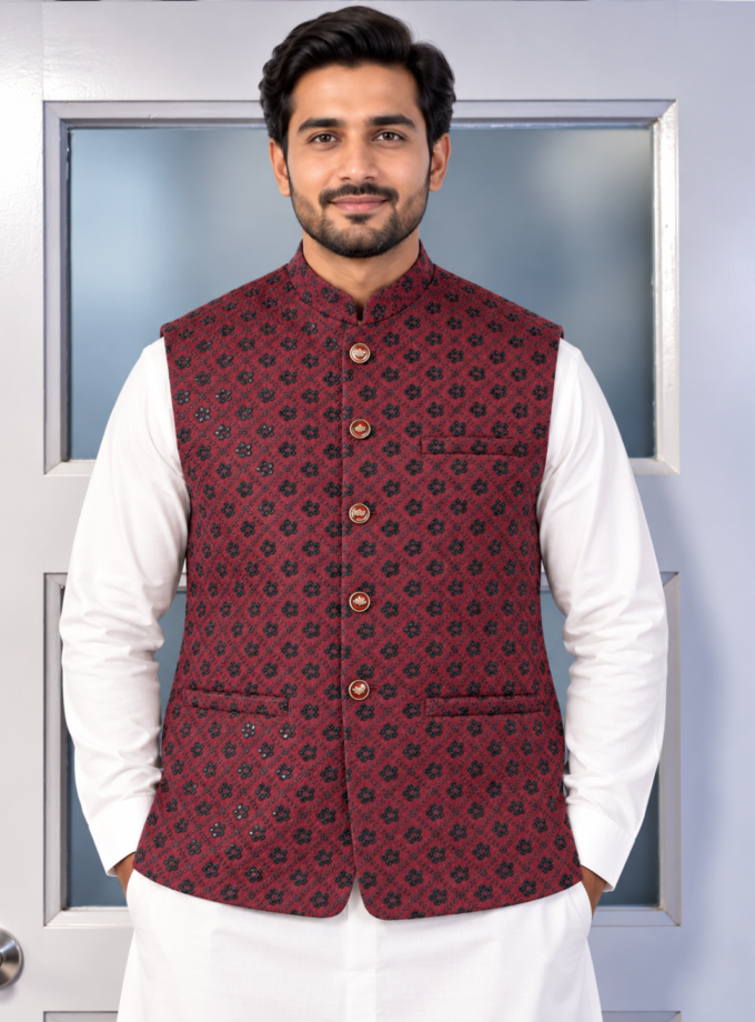 Waistcoat bordeauxrood met zwart- 1342 alleen Maat 38