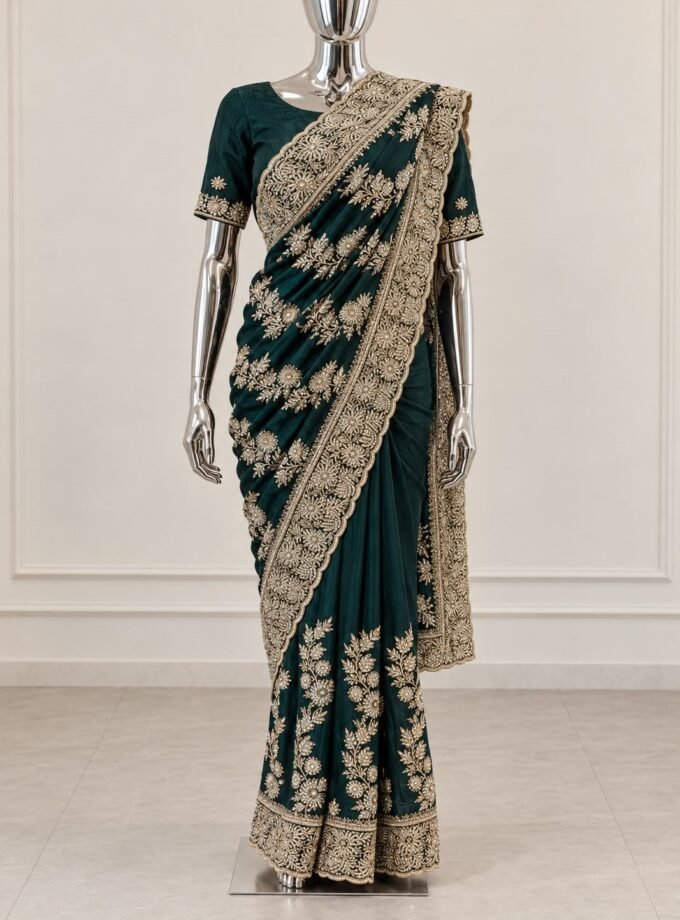 Luxe geborduurde saree- donkergroen met goud