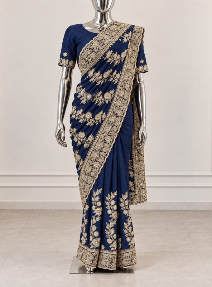 Luxe geborduurde saree- donkerblauw met goud