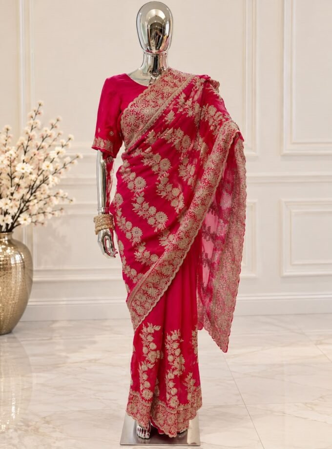 Rani collectie - Luxe geborduurde saree- fuchsia met goud