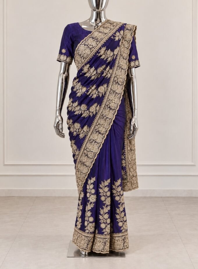 Rani collectie - Luxe geborduurde saree- Paars met goud