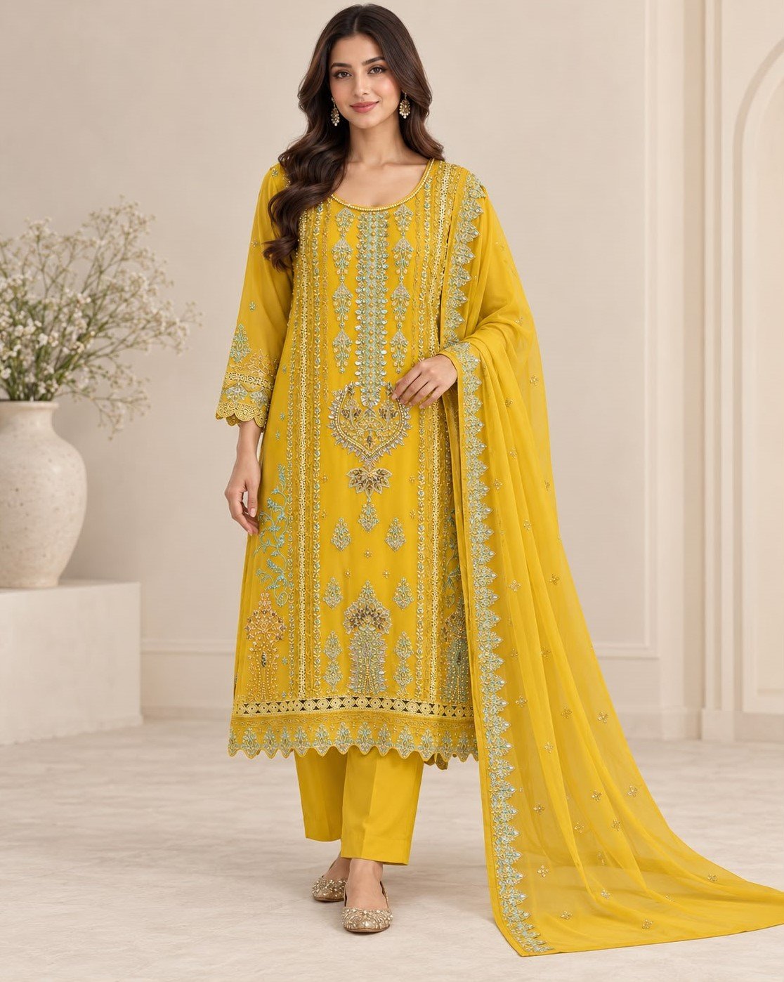Chiffon suit mosterd geel maat XL - 1478