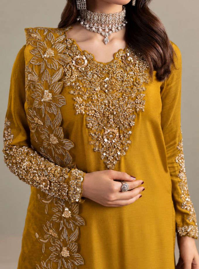 Zarqun raw silk 1361- 3 delig mosterd