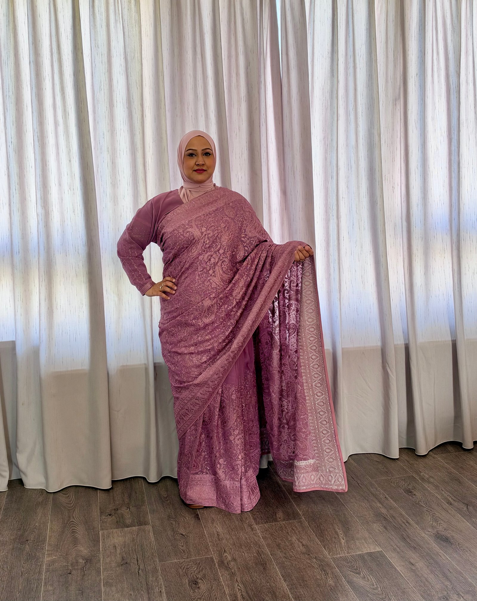 Kant en klare fancy saree - Oud roze - Maat XXL en XXXL