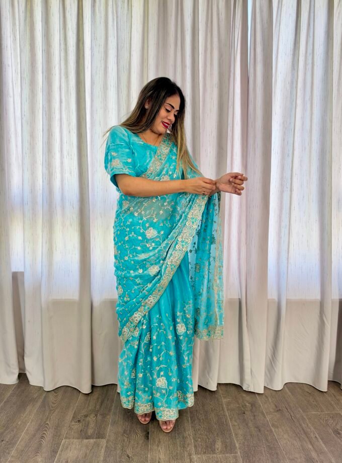 Traditionele saree - Turquoise- Maat L en XL