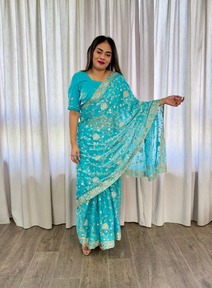 Traditionele saree - Turquoise- Maat L en XL