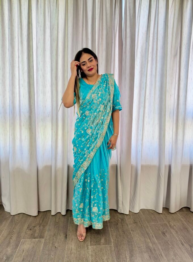 Traditionele saree - Turquoise- Maat L en XL