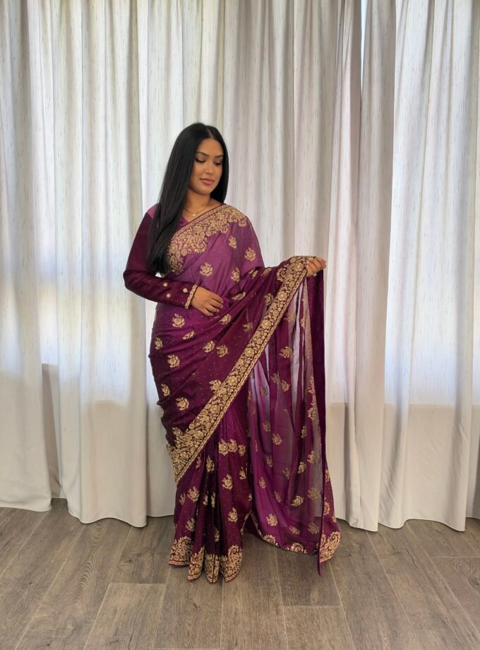 Kant en klare fancy saree - Wijnpaars - Maat S en M