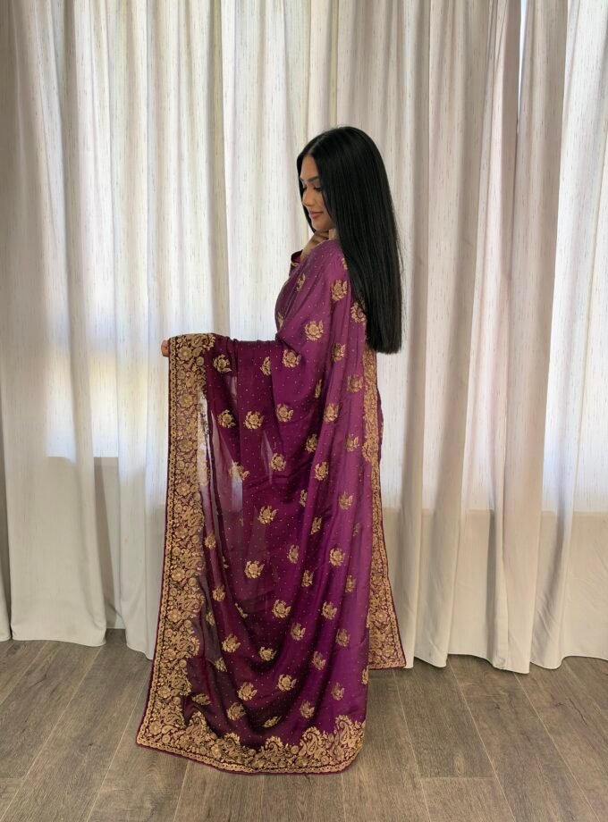 Kant en klare fancy saree - Wijnpaars - Maat S en M