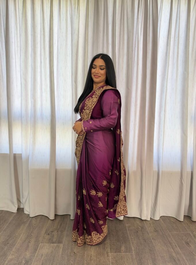 Kant en klare fancy saree - Wijnpaars - Maat S en M