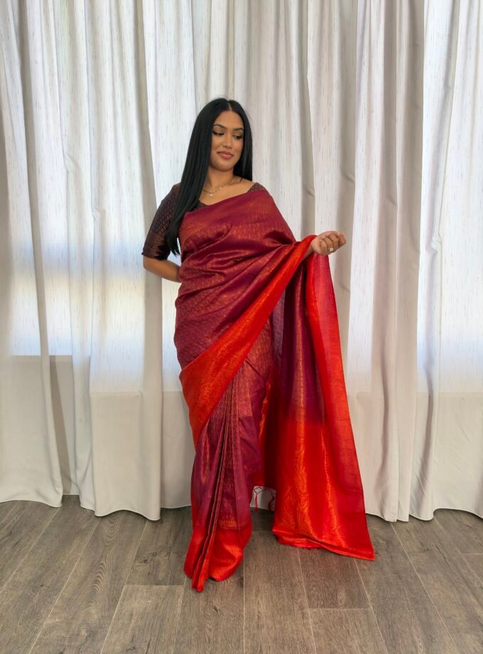 Kant en klare fancy saree - Diep wijnrood- Maat S en M