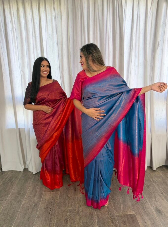 Kant en klare fancy saree - Blauw & Roze- Maat L en XL