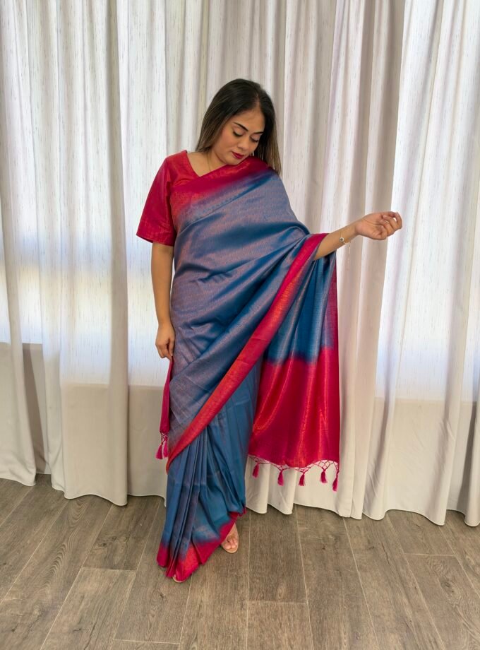 Kant en klare fancy saree - Blauw & Roze- Maat L en XL