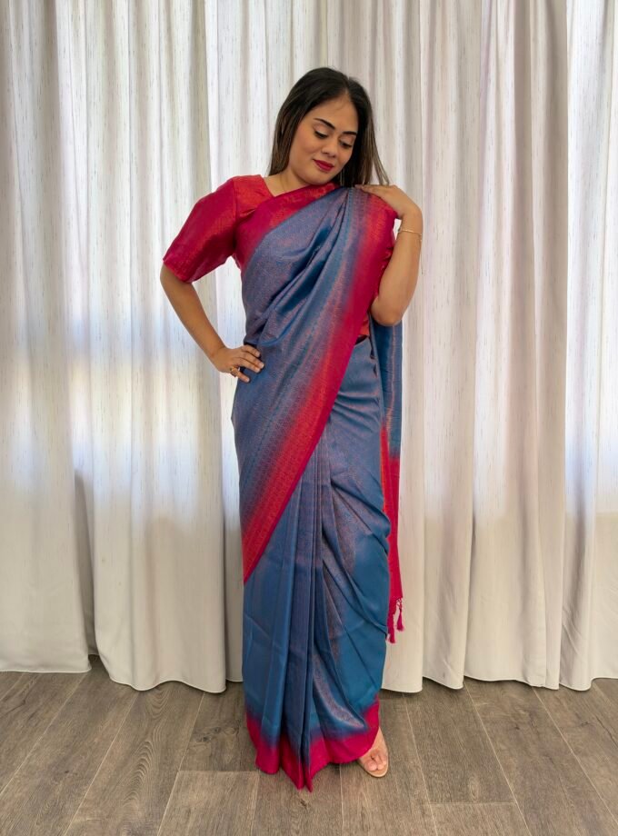 Kant en klare fancy saree - Blauw & Roze- Maat L en XL