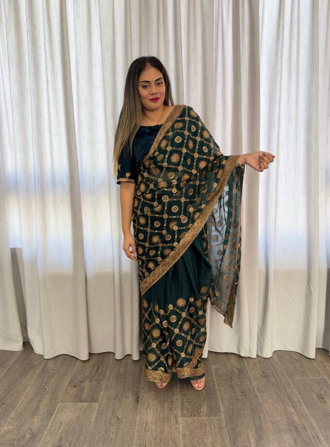 Traditionele saree - petrolgroen- Maat L XL