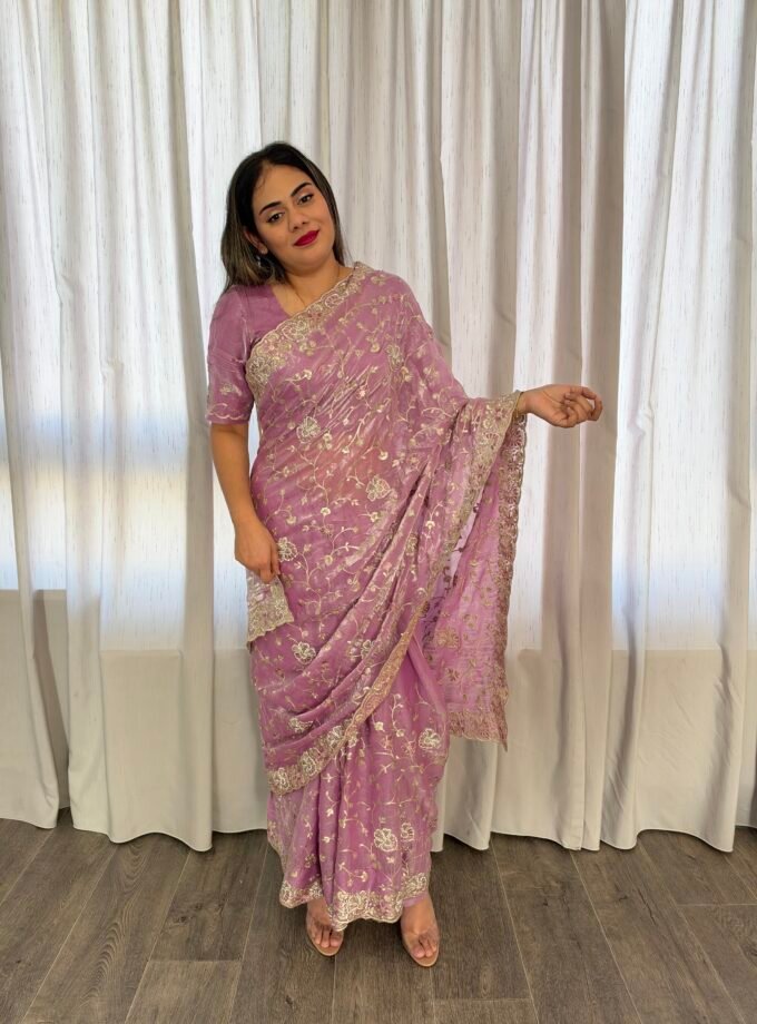 Traditionele saree - Lila roze- Maat S en M