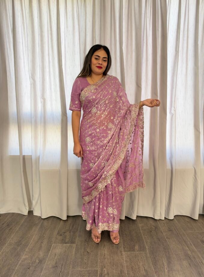 Traditionele saree - Lila roze- Maat S en M