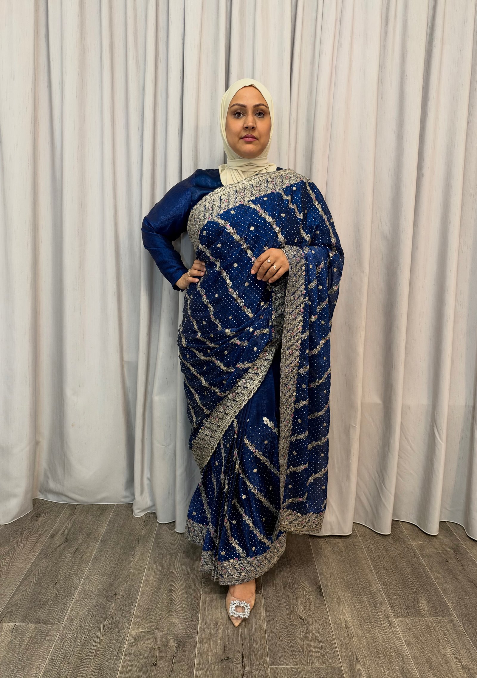 Kant en klare saree - blauw- Maat L XL XXL - Afbeelding 3