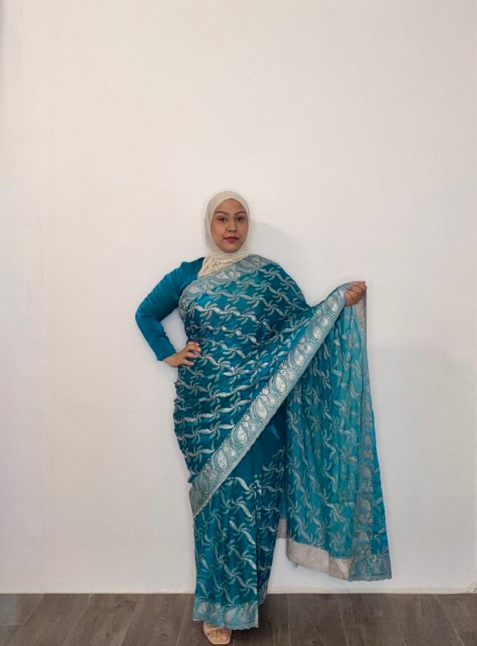 Kant en klare saree - petrolblauw - Maat S M