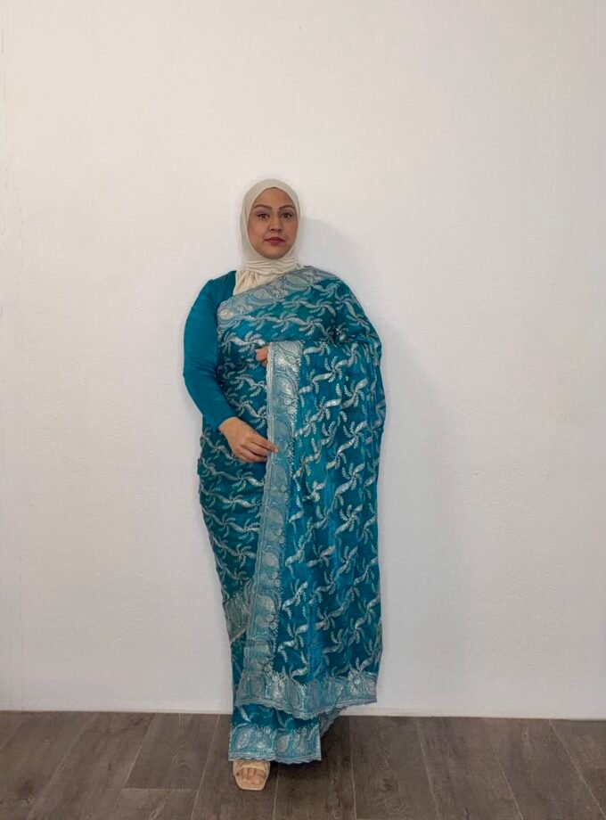 Kant en klare saree - petrolblauw - Maat S M